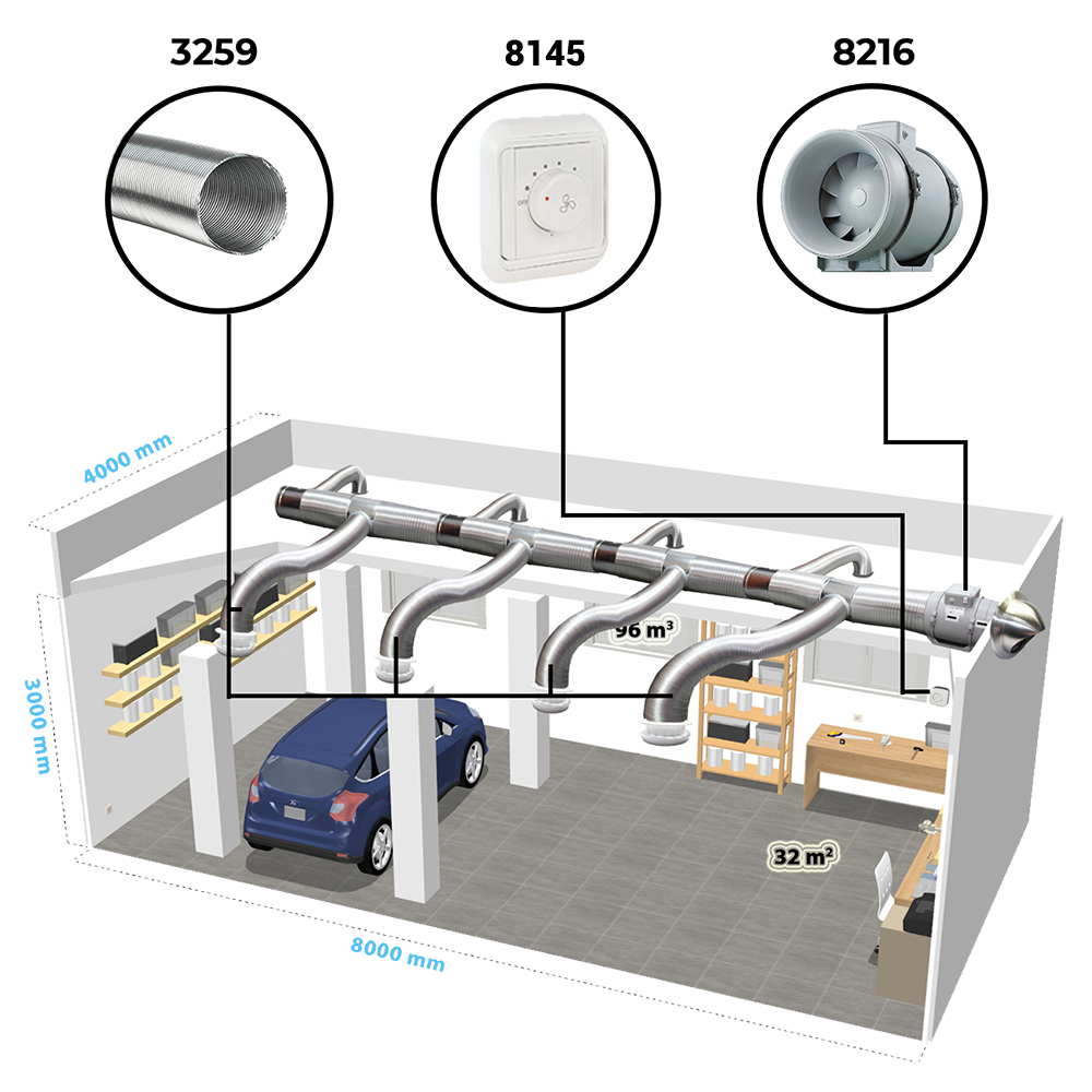 Příklad instalace vzduchotechniky v garáži pomocí potrubního ventilátoru Dalap AP PROFI
